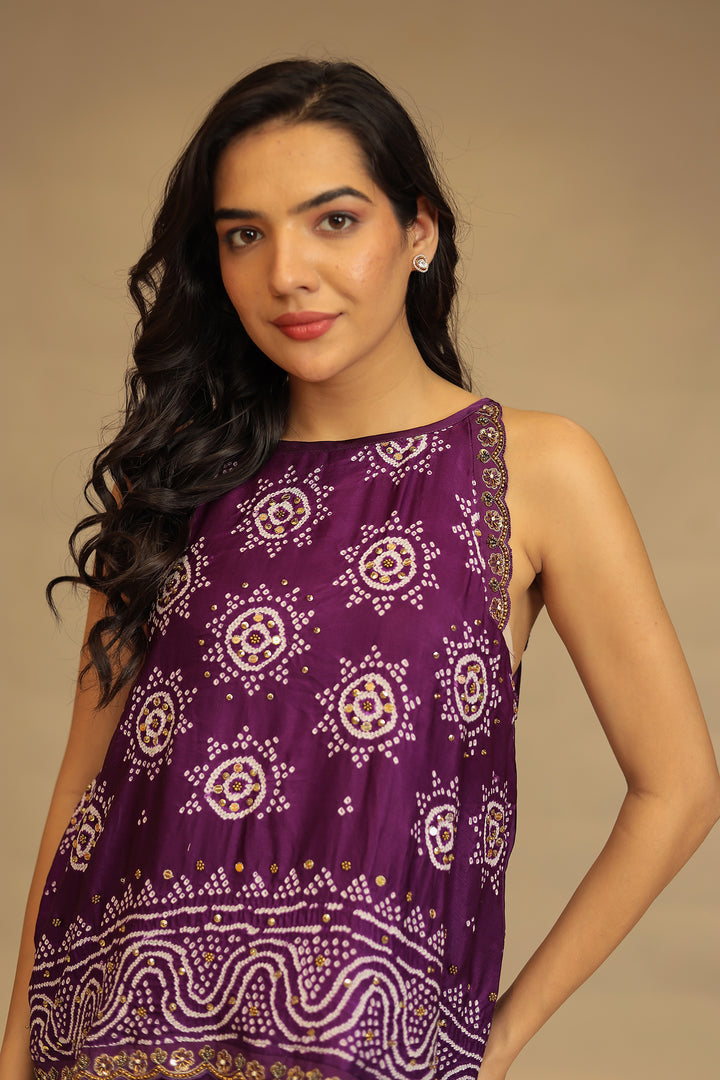 Leheriya, Bandhej Satin silk Indowestern with Sequins and Stone work