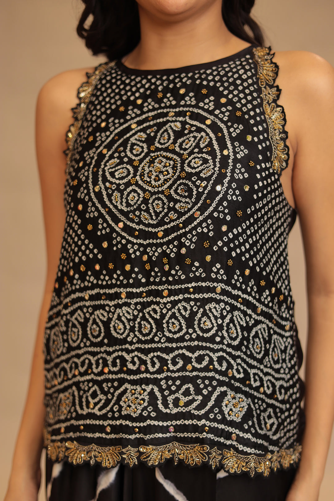 Leheriya, Bandhej Satin silk Indowestern with Cutdana and Stone work