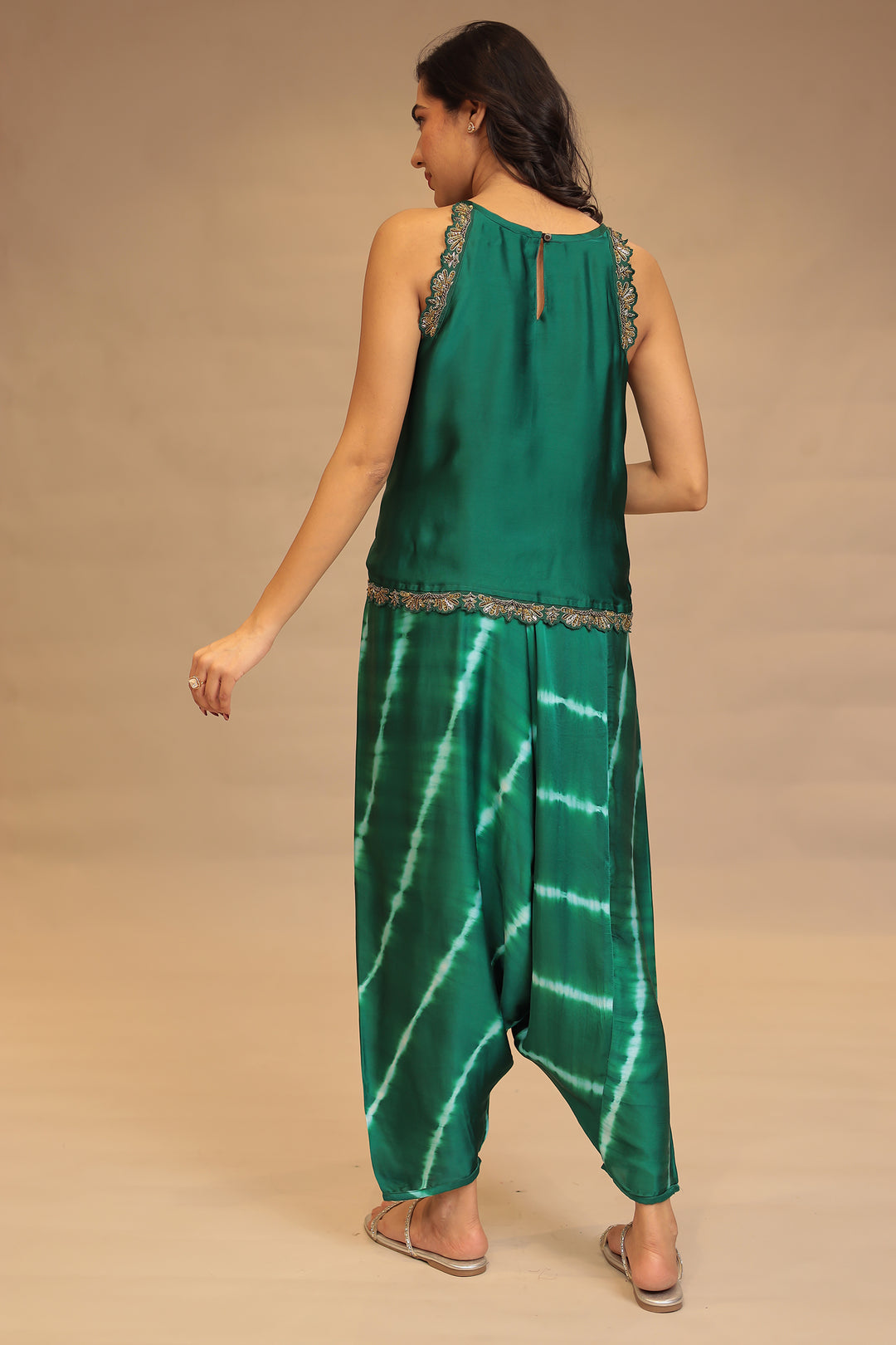 Leheriya, Bandhej Satin silk Indowestern with Sequins and Stone work