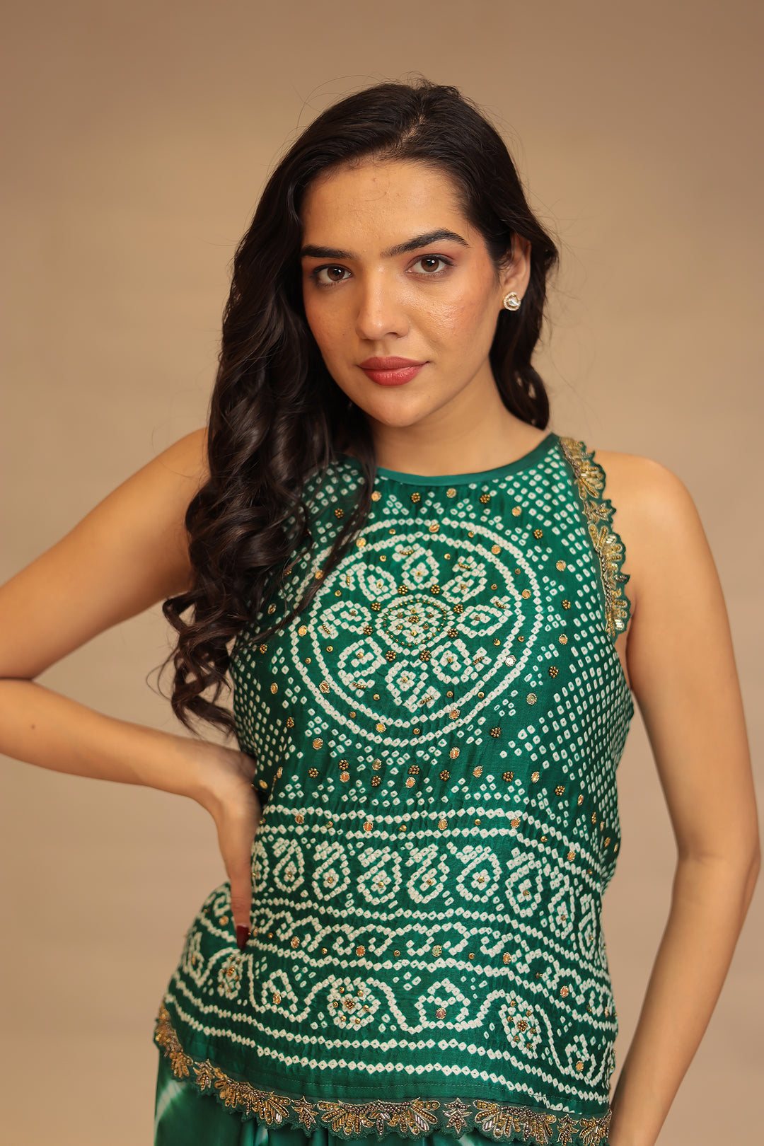 Leheriya, Bandhej Satin silk Indowestern with Sequins and Stone work
