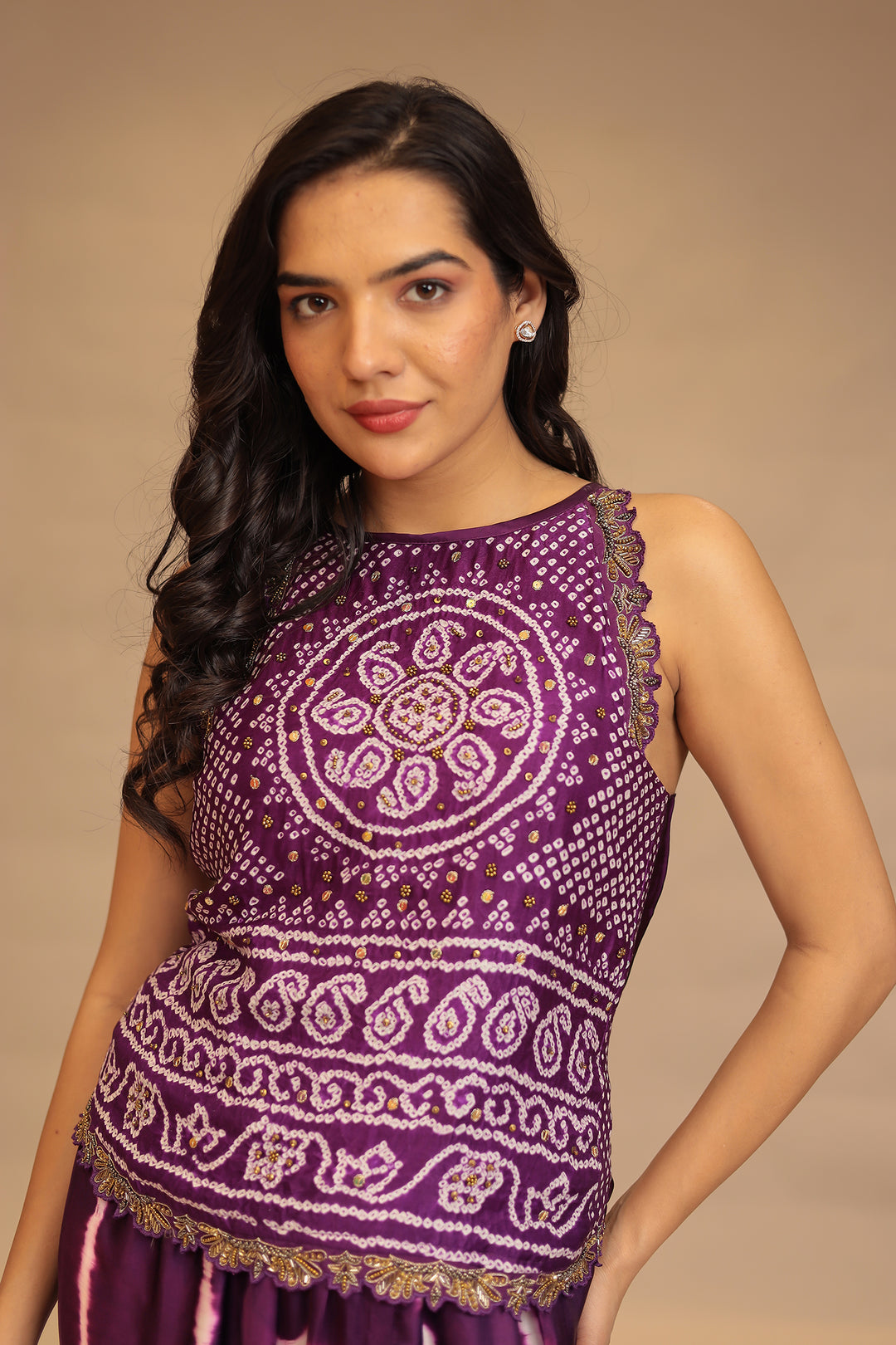 Leheriya, BandhejSatin silk Indowestern with Sequins and Stone work