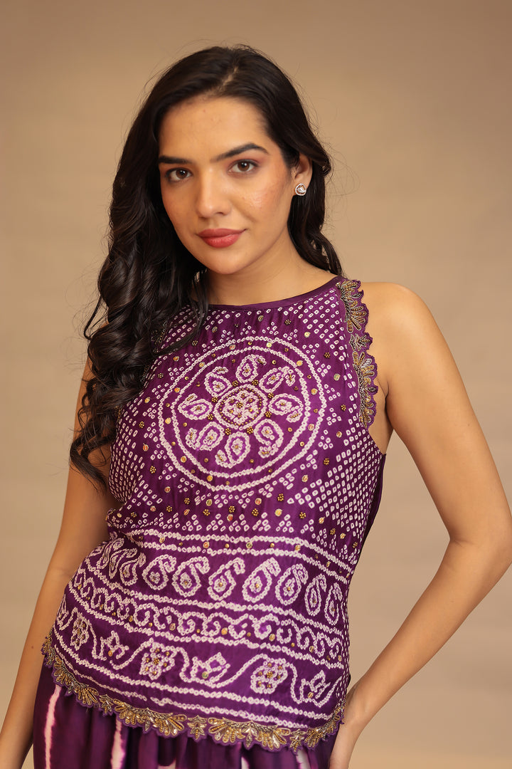 Leheriya, BandhejSatin silk Indowestern with Sequins and Stone work