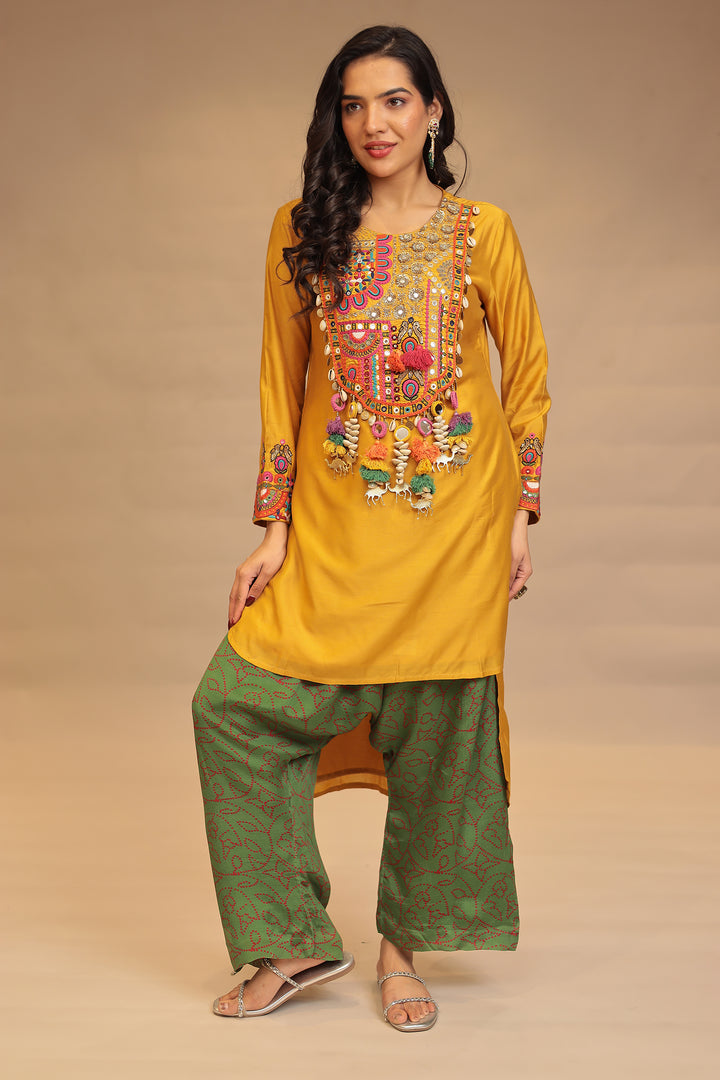 Satin silk Suit with Mirror, Sequins, Thread, Zardozi, Zari, Embroidery work