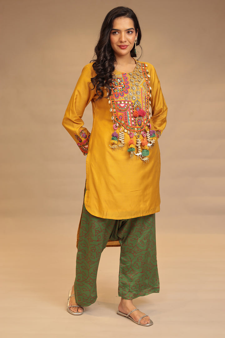 Satin silk Suit with Mirror, Sequins, Thread, Zardozi, Zari, Embroidery work