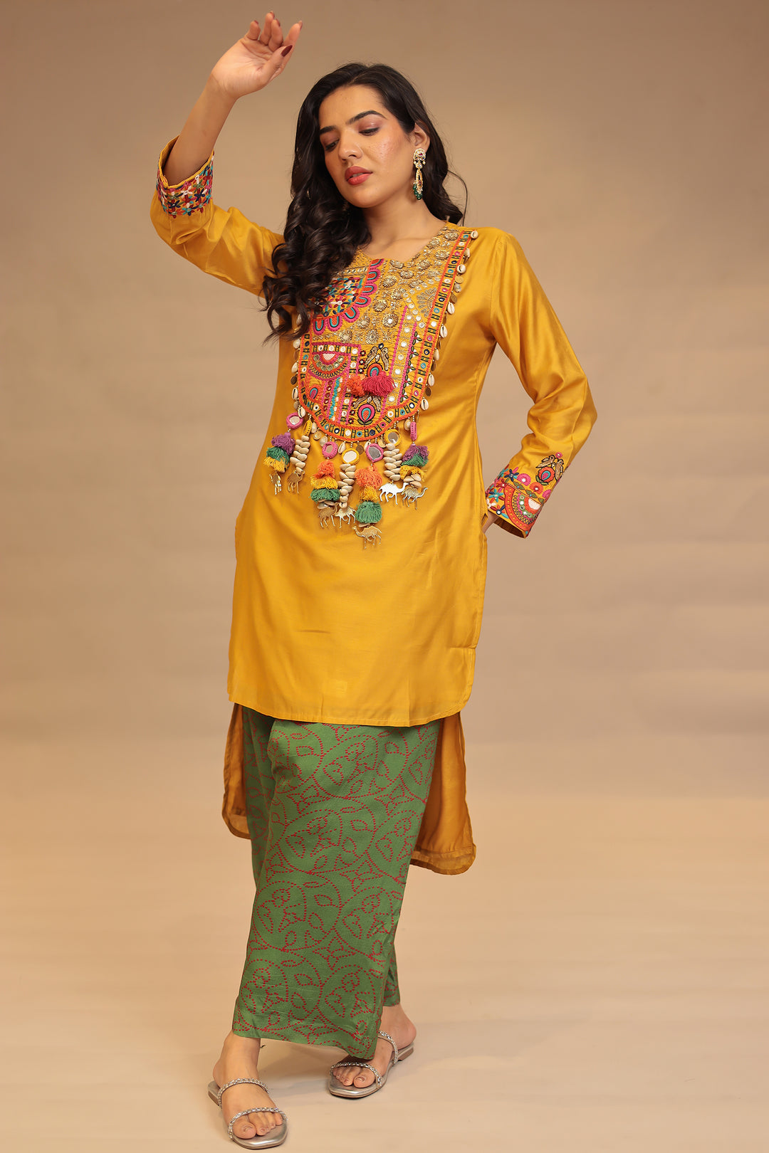 Satin silk Suit with Mirror, Sequins, Thread, Zardozi, Zari, Embroidery work