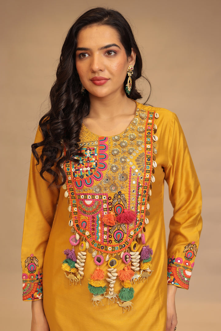 Satin silk Suit with Mirror, Sequins, Thread, Zardozi, Zari, Embroidery work