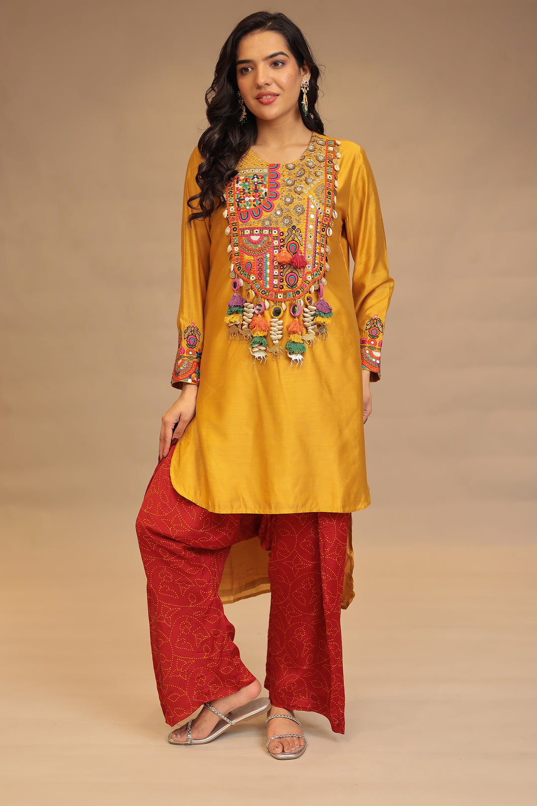 Satin silk Suit with Mirror, Sequins, Zardozi, Zari, Embroidery work