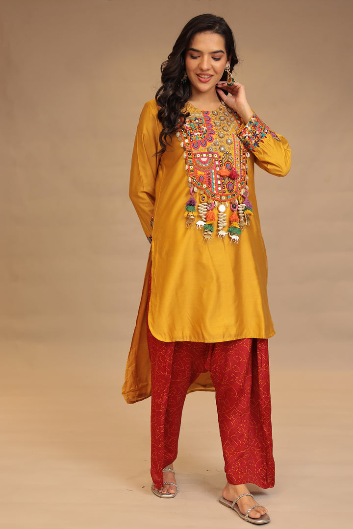 Satin silk Suit with Mirror, Sequins, Zardozi, Zari, Embroidery work
