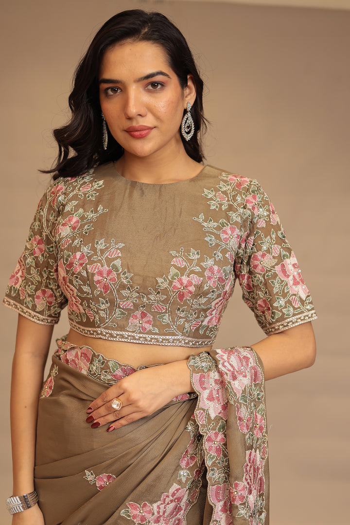 Chinon Saree with Sequins, Embroidery work