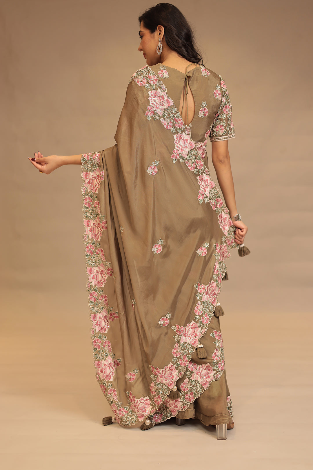 Chinon Saree with Sequins, Embroidery work