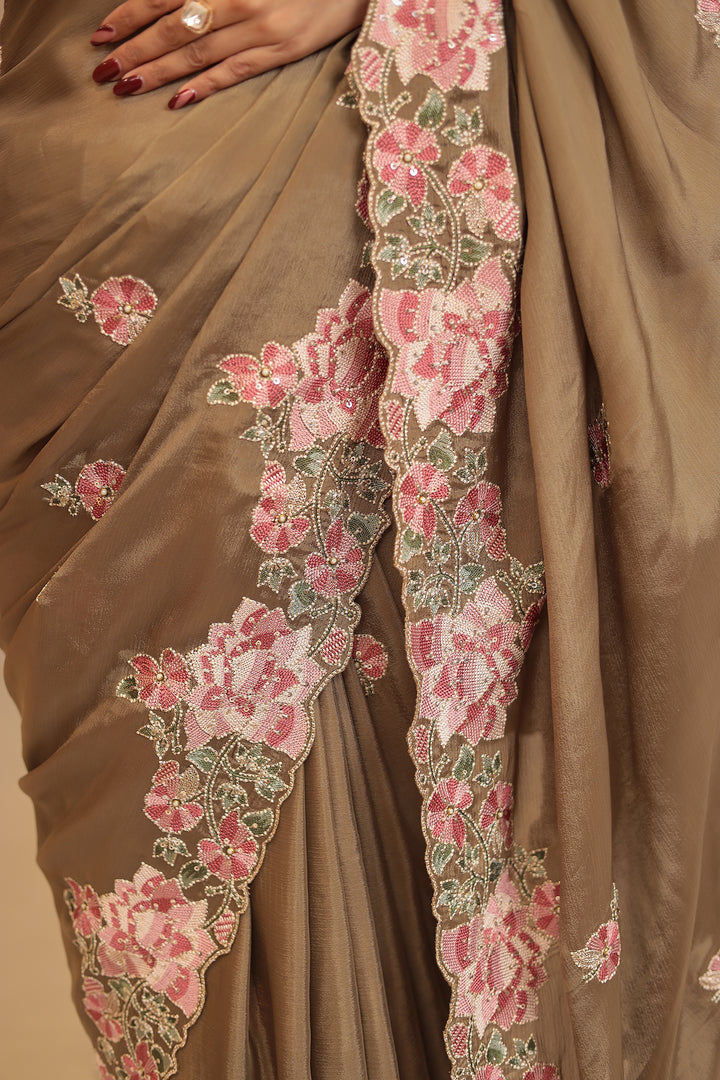 Chinon Saree with Sequins, Embroidery work