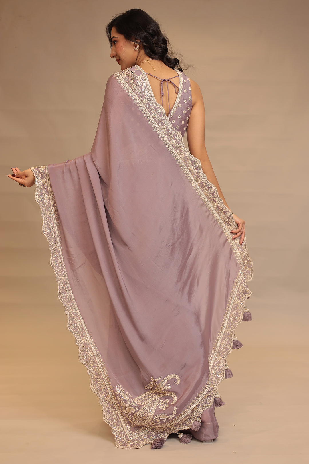 Chinon Saree with Sequins, Thread, Zari work