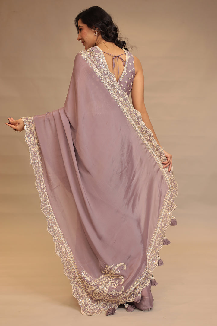 Chinon Saree with Sequins, Thread, Zari work