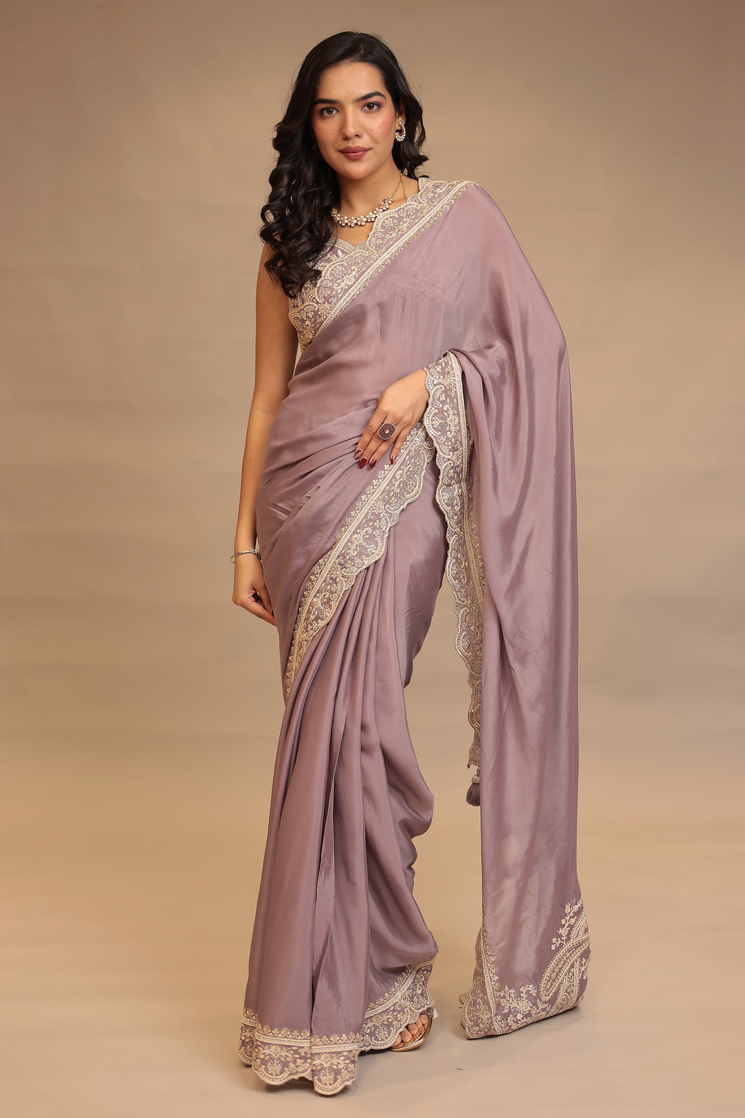 Chinon Saree with Sequins, Thread, Zari work
