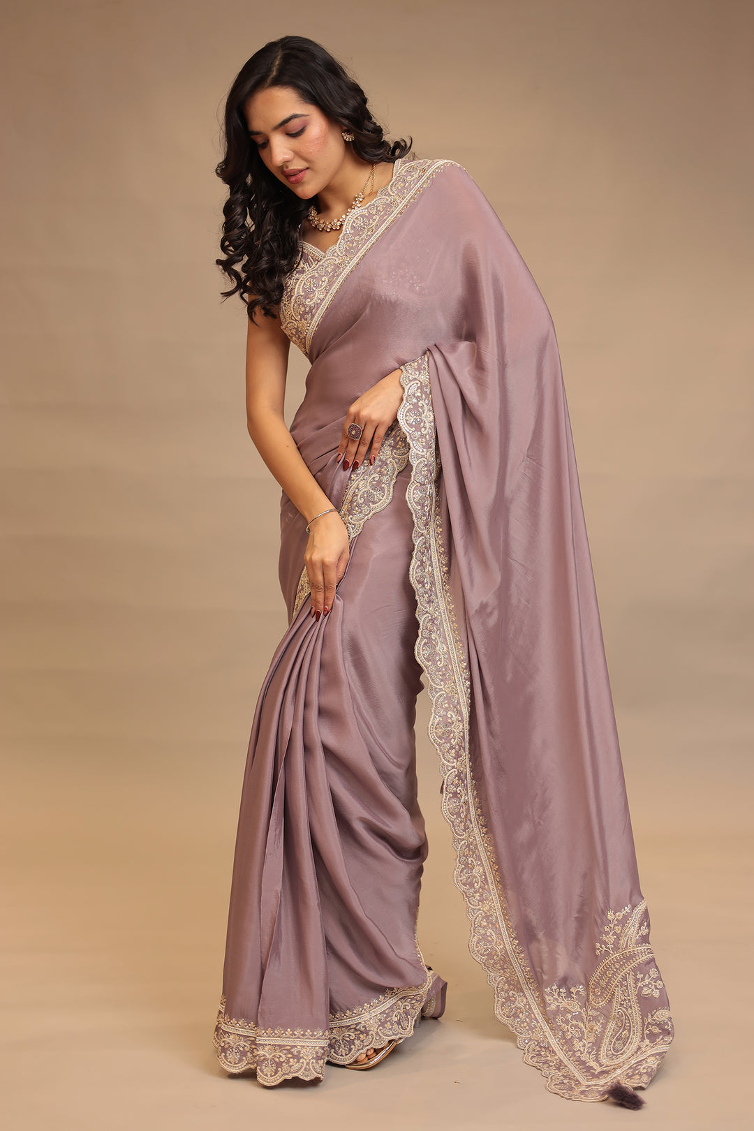 Chinon Saree with Sequins, Thread, Zari work
