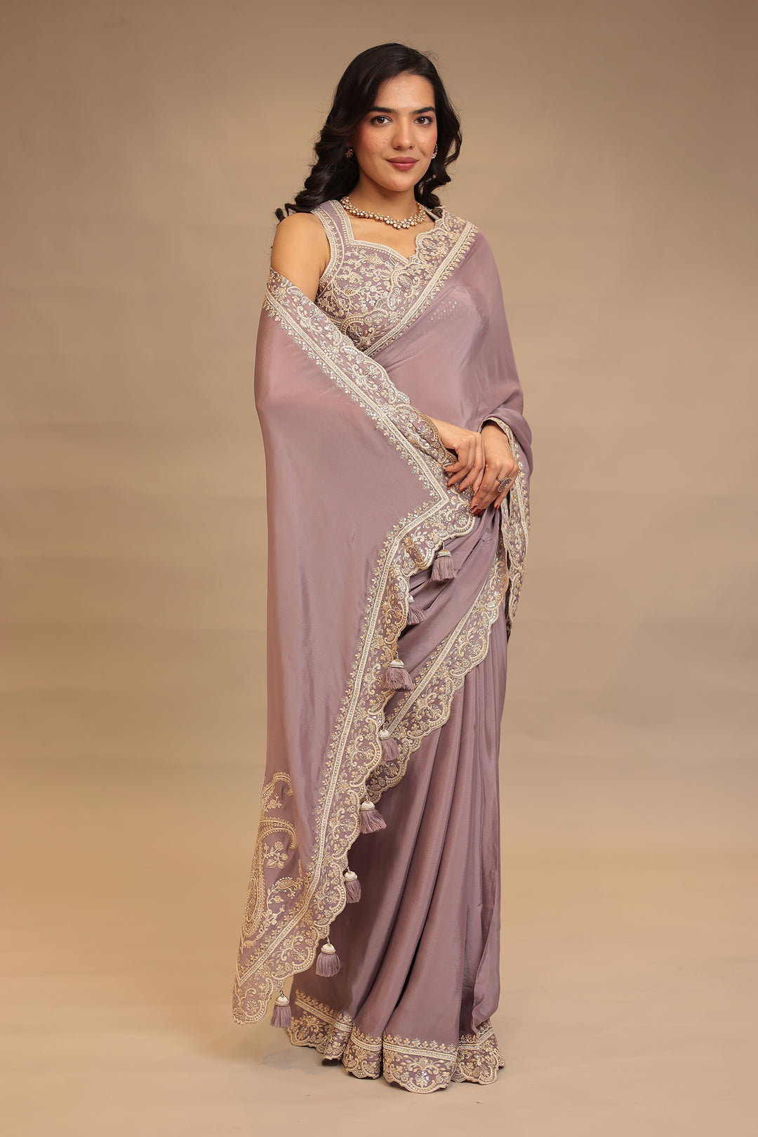 Chinon Saree with Sequins, Thread, Zari work