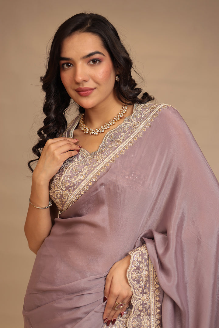 Chinon Saree with Sequins, Thread, Zari work