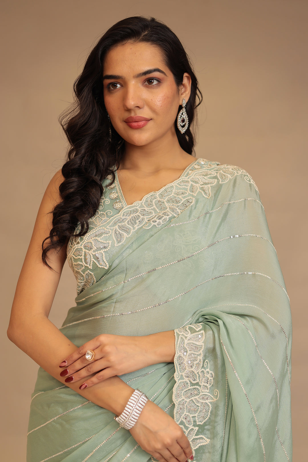 Chinon Saree with Sequins and Thread work
