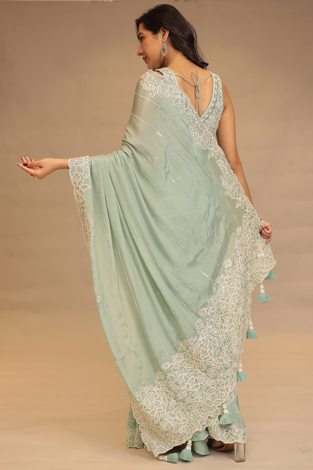 Chinon Saree with Sequins and Thread work