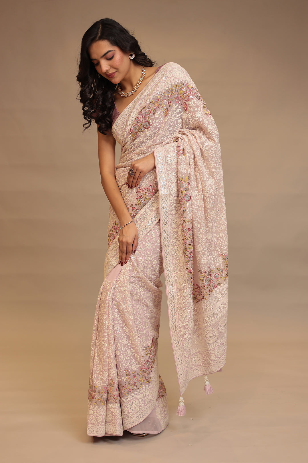 Chinon Saree with Sequins, Thread, Zari work