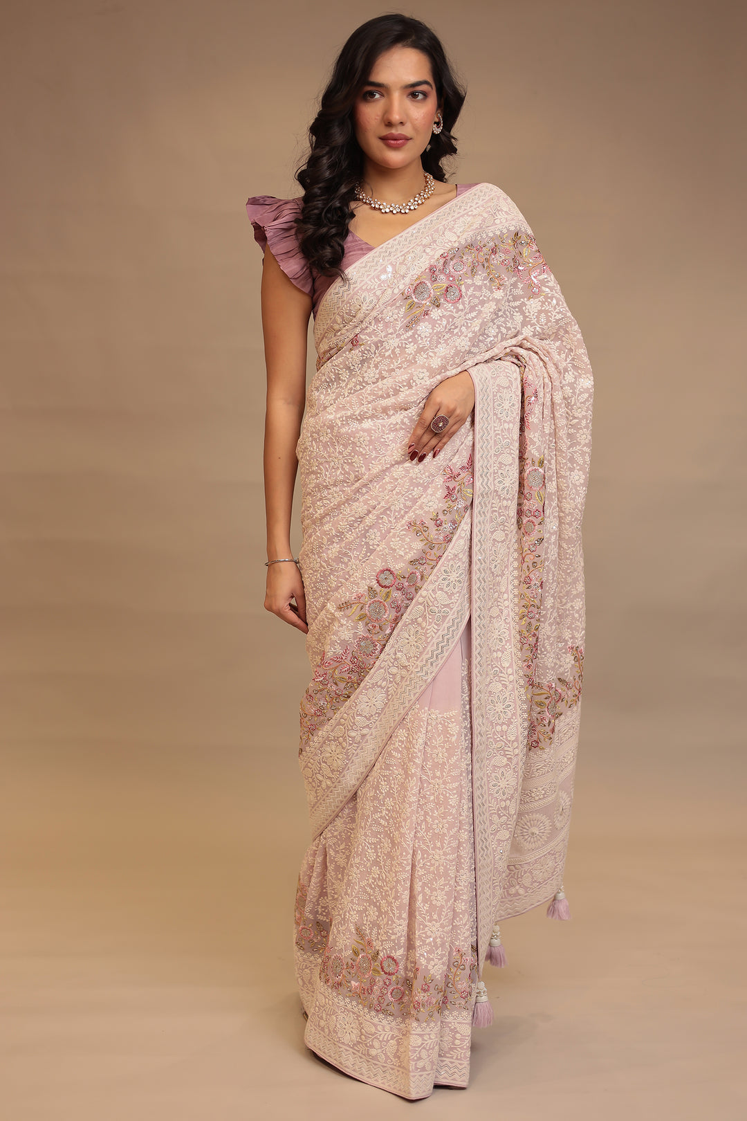 Chinon Saree with Sequins, Thread, Zari work