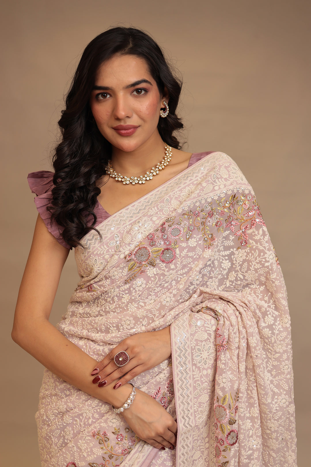 Chinon Saree with Sequins, Thread, Zari work