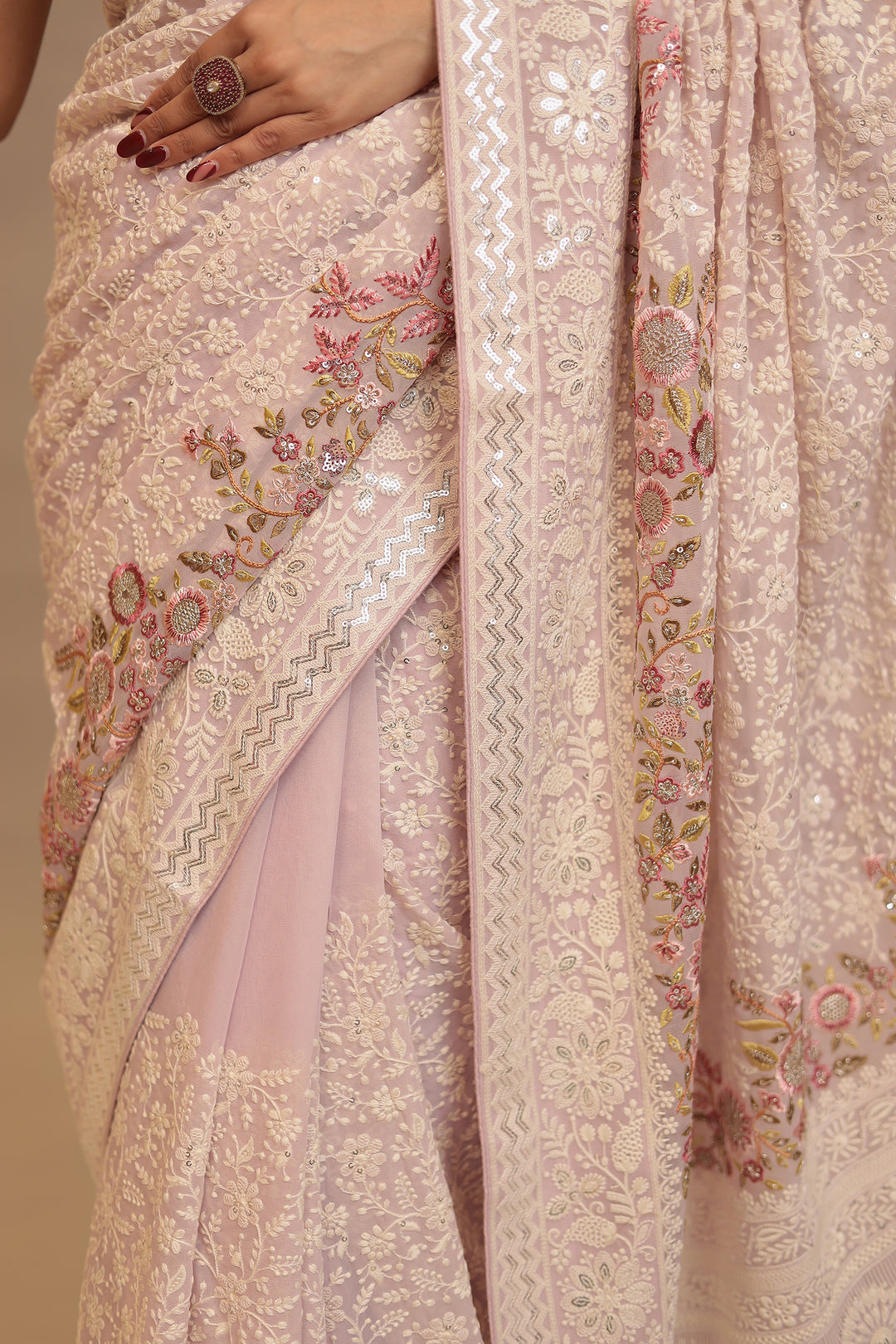 Chinon Saree with Sequins, Thread, Zari work