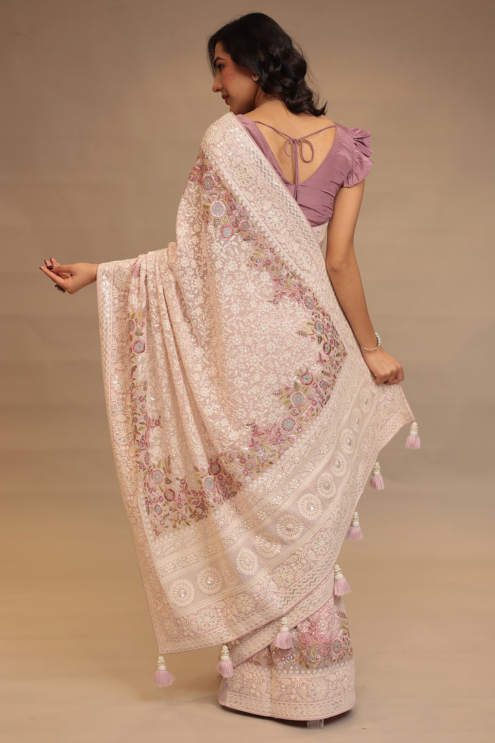Chinon Saree with Sequins, Thread, Zari work