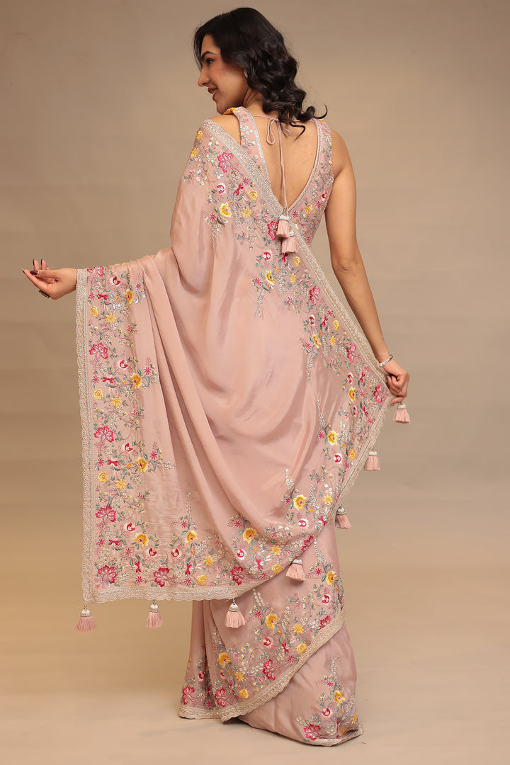 Chinon Saree with Sequins, Thread, Zari work