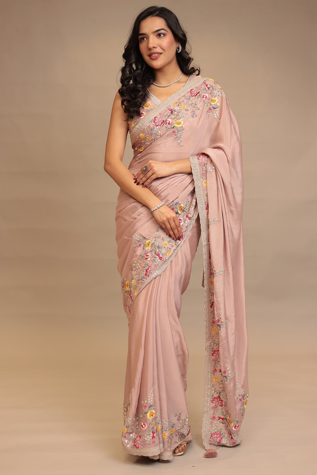 Chinon Saree with Sequins, Thread, Zari work
