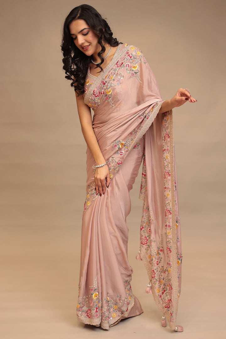Chinon Saree with Sequins, Thread, Zari work