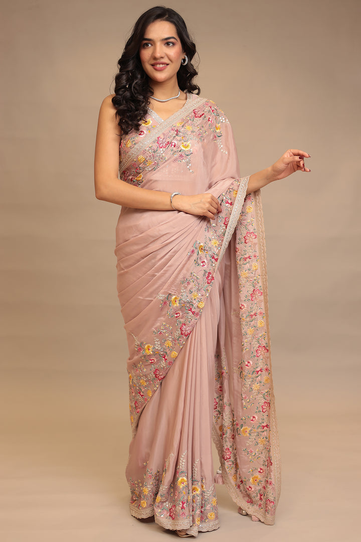 Chinon Saree with Sequins, Thread, Zari work