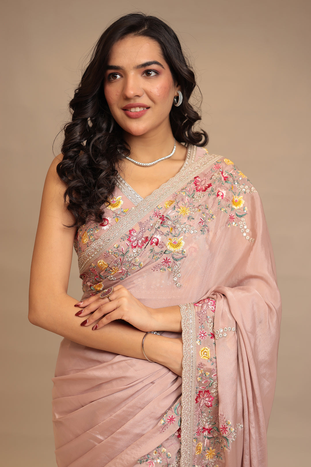 Chinon Saree with Sequins, Thread, Zari work