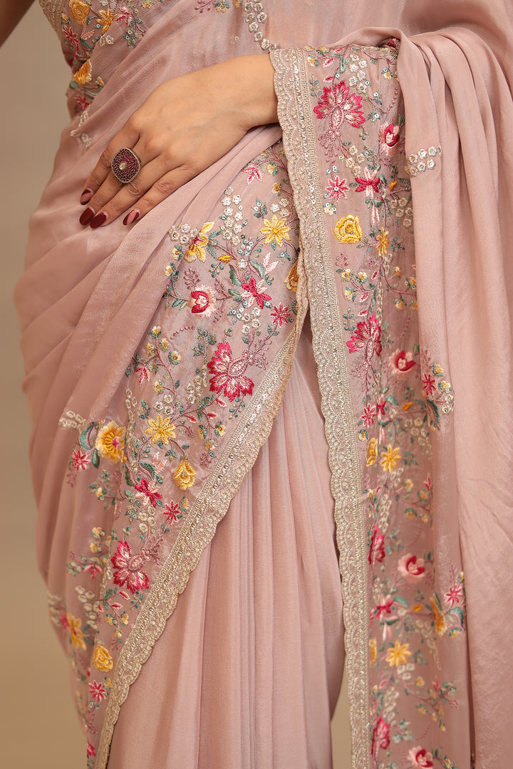 Chinon Saree with Sequins, Thread, Zari work