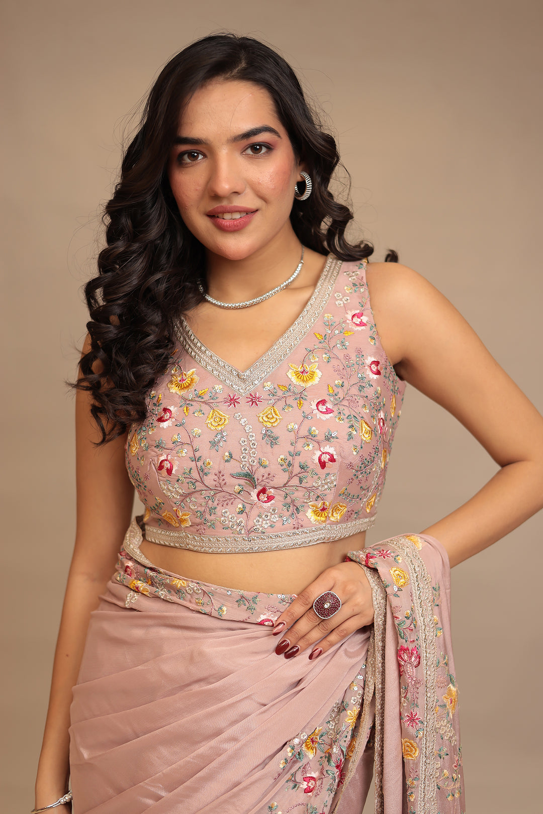 Chinon Saree with Sequins, Thread, Zari work