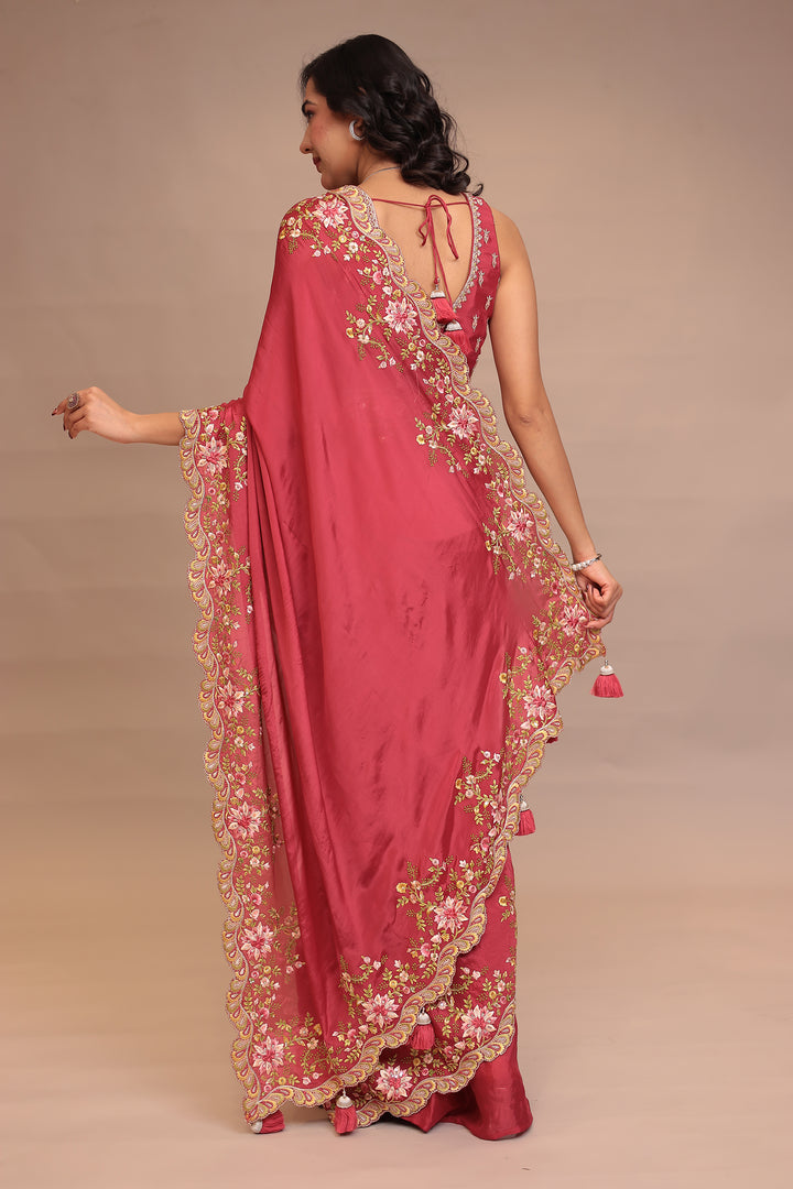Chinon Saree with Sequins, Thread, Zari work.