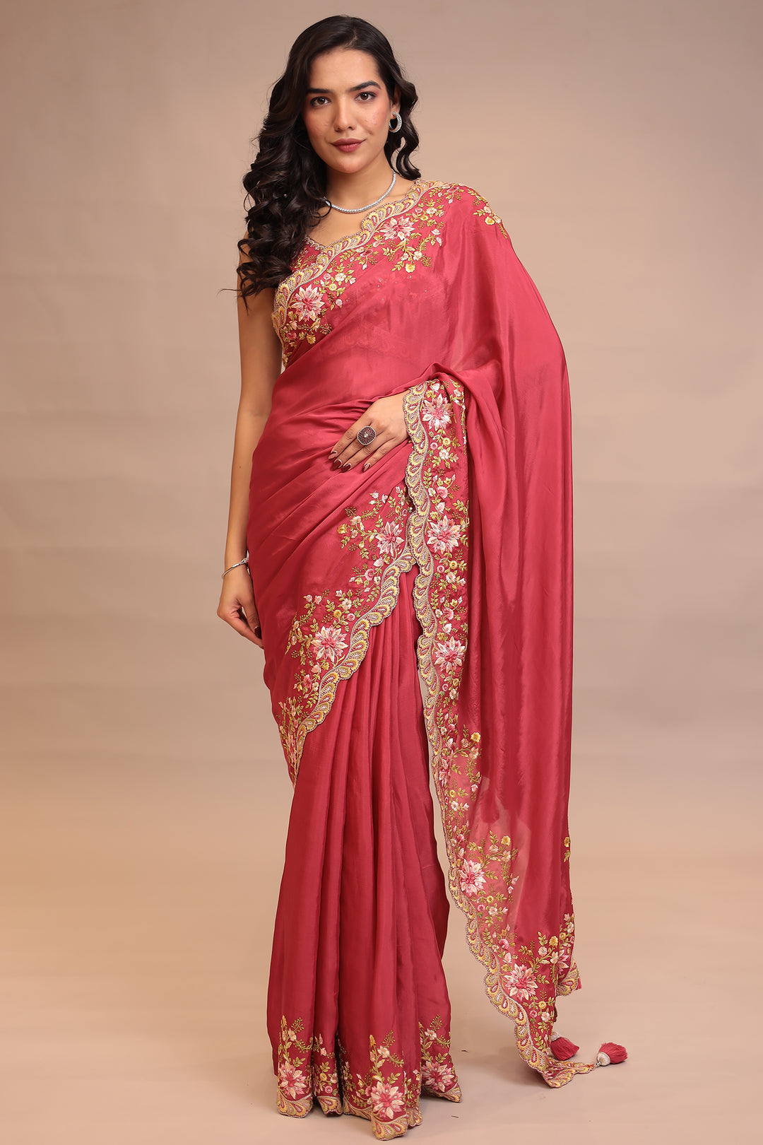 Chinon Saree with Sequins, Thread, Zari work.