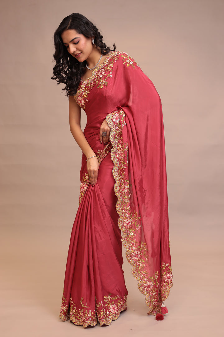 Chinon Saree with Sequins, Thread, Zari work.