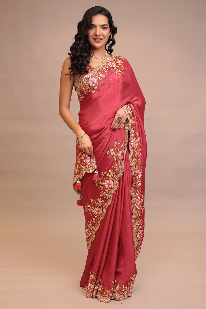 Chinon Saree with Sequins, Thread, Zari work.
