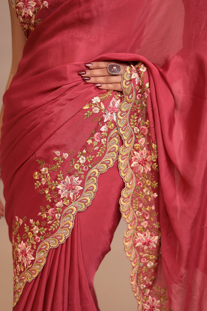 Chinon Saree with Sequins, Thread, Zari work.