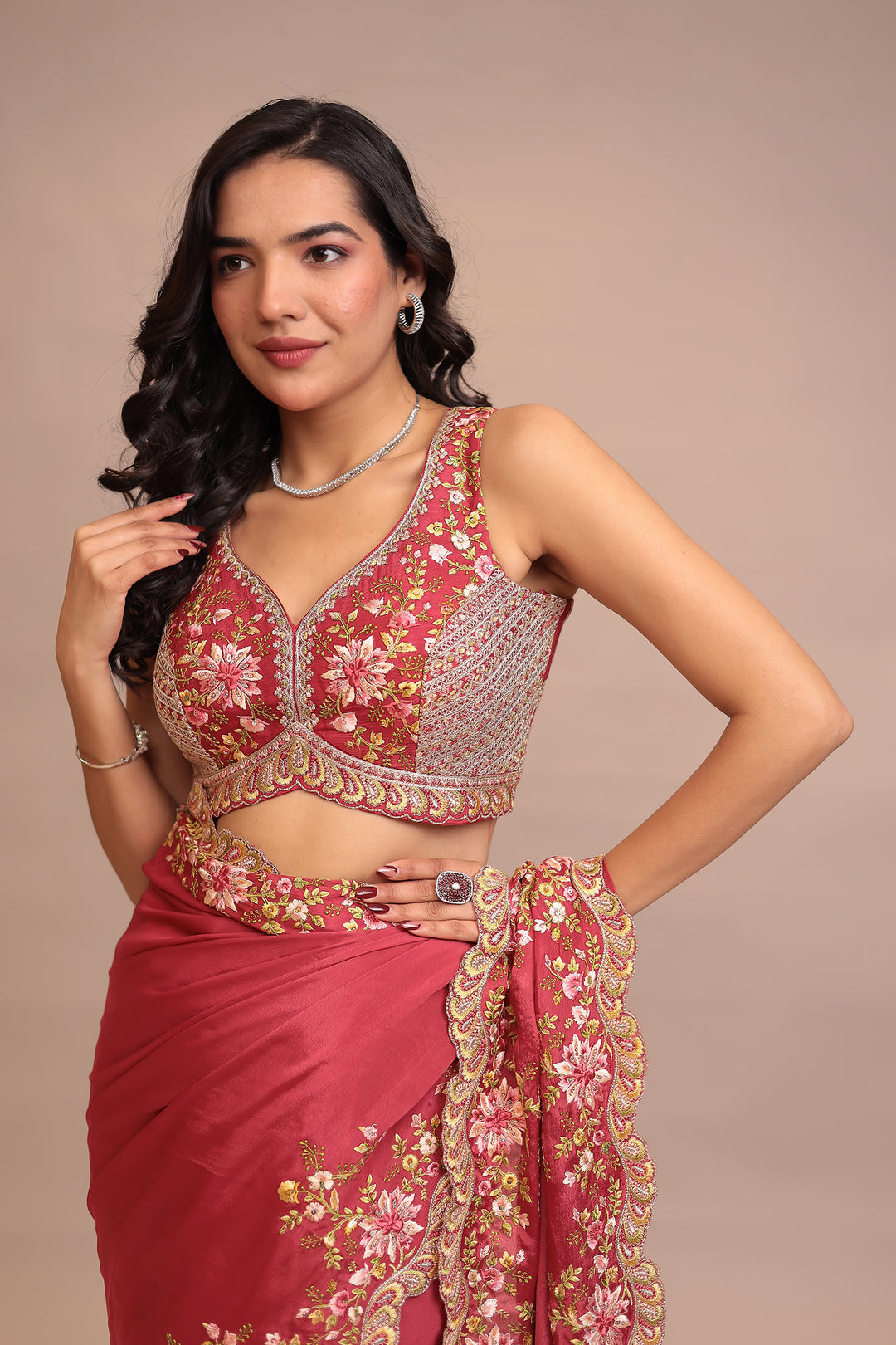 Chinon Saree with Sequins, Thread, Zari work.