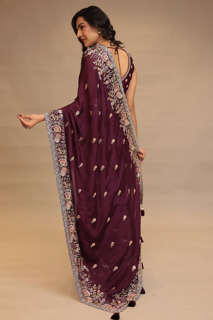 Chinon  Saree with Sequins, Thread, Zari work.