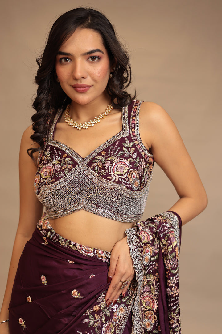 Chinon  Saree with Sequins, Thread, Zari work.