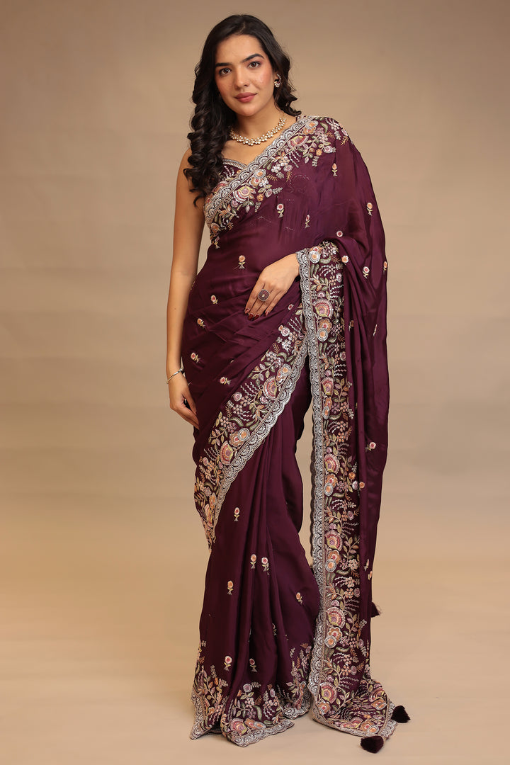 Chinon  Saree with Sequins, Thread, Zari work.