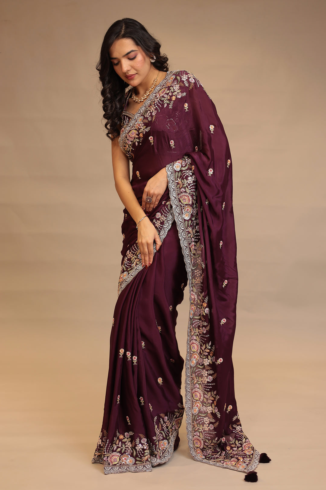 Chinon  Saree with Sequins, Thread, Zari work.