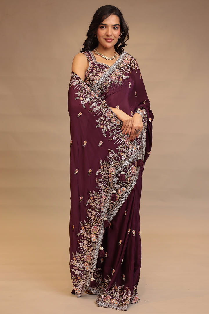 Chinon  Saree with Sequins, Thread, Zari work.