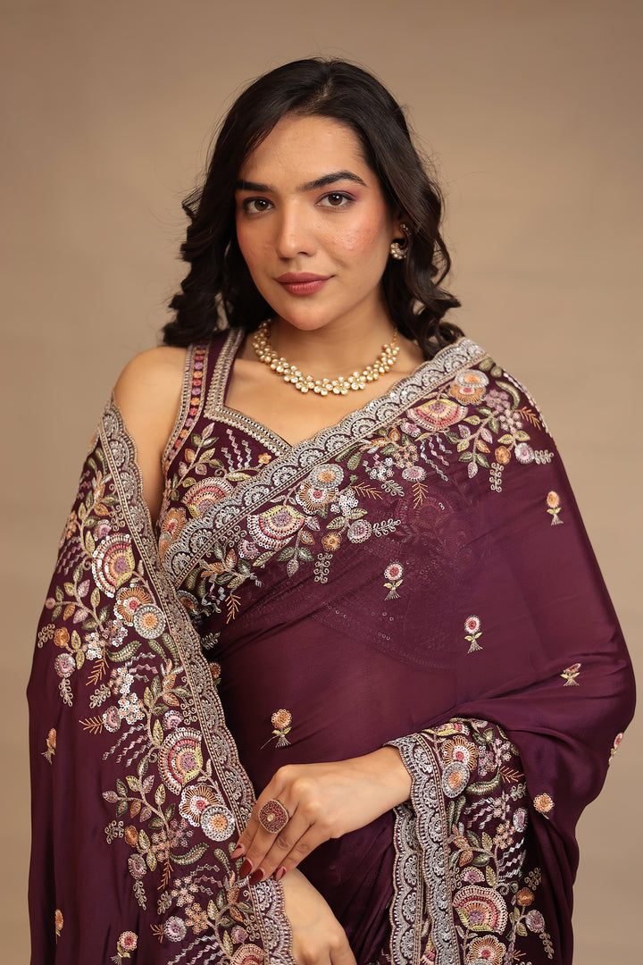 Chinon  Saree with Sequins, Thread, Zari work.