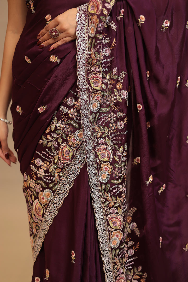 Chinon  Saree with Sequins, Thread, Zari work.