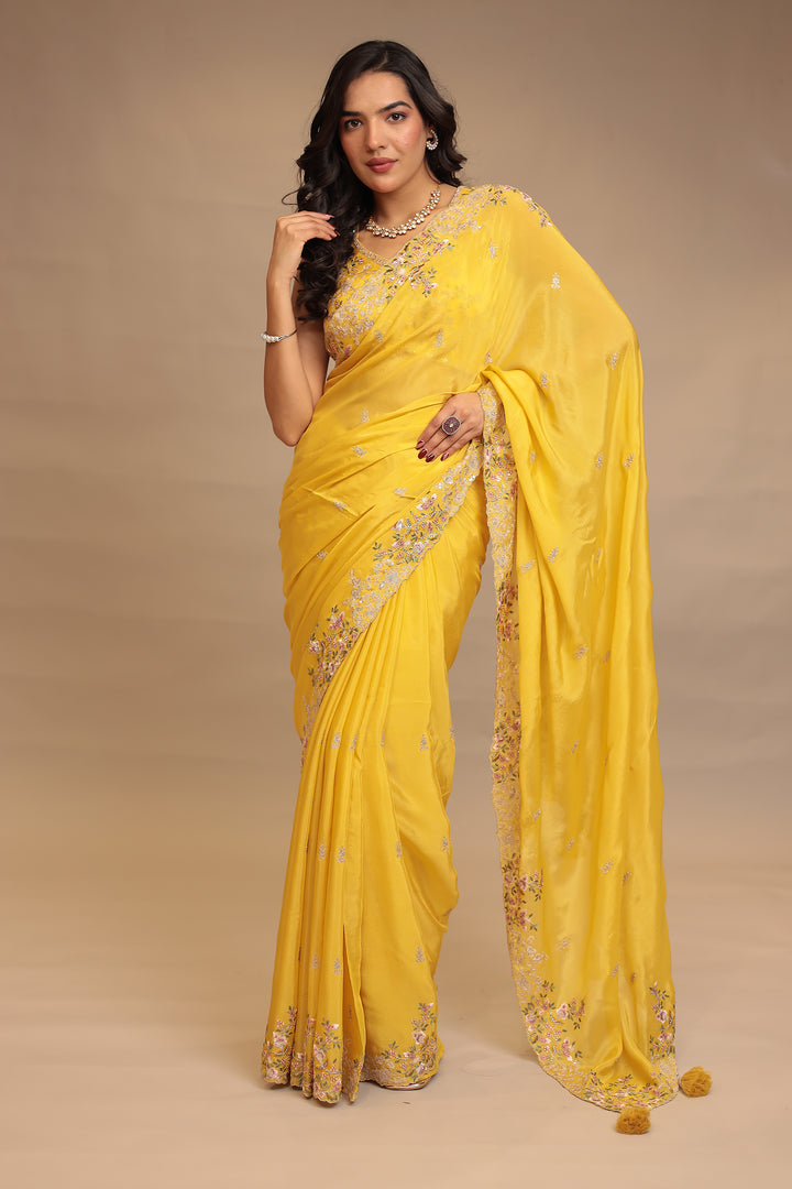 Chinon Saree with Sequins, Thread, Zari work.