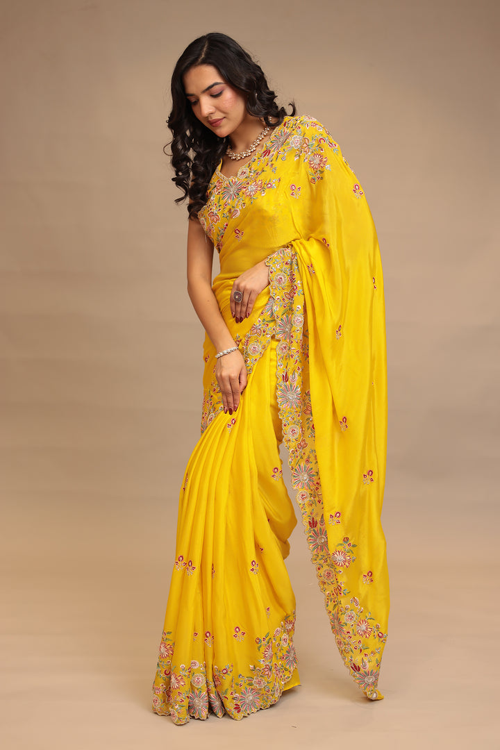 Chinon Saree with Sequins, Thread, Zari work.